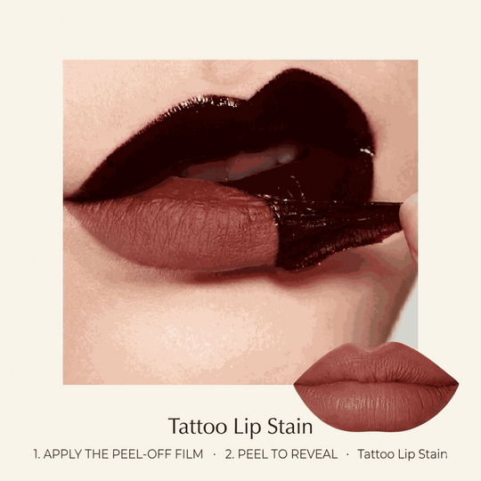 Lipstick being applied to lips with text indicating the application process for a tattoo lip stain.