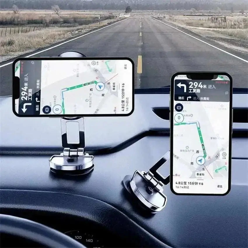 Strong magnet phone holder folding mount on car dashboard with navigation maps, ensuring safe and convenient driving experience.