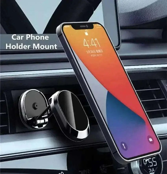 Strong magnet phone holder folding mount securely holding smartphone on car dashboard for navigation and hands-free access