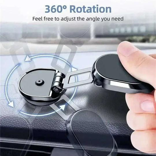 Strong magnet phone holder being adjusted to show 360-degree rotation for versatile and secure smartphone mounting in a car.