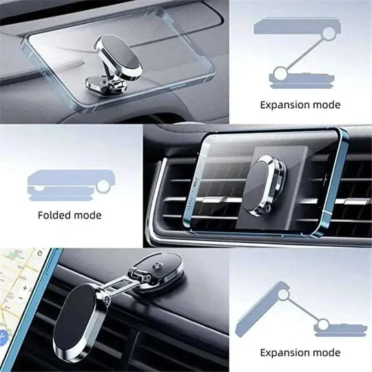 Strong Magnet Phone Holder Folding Mount demonstrated in different modes for versatile use in cars.