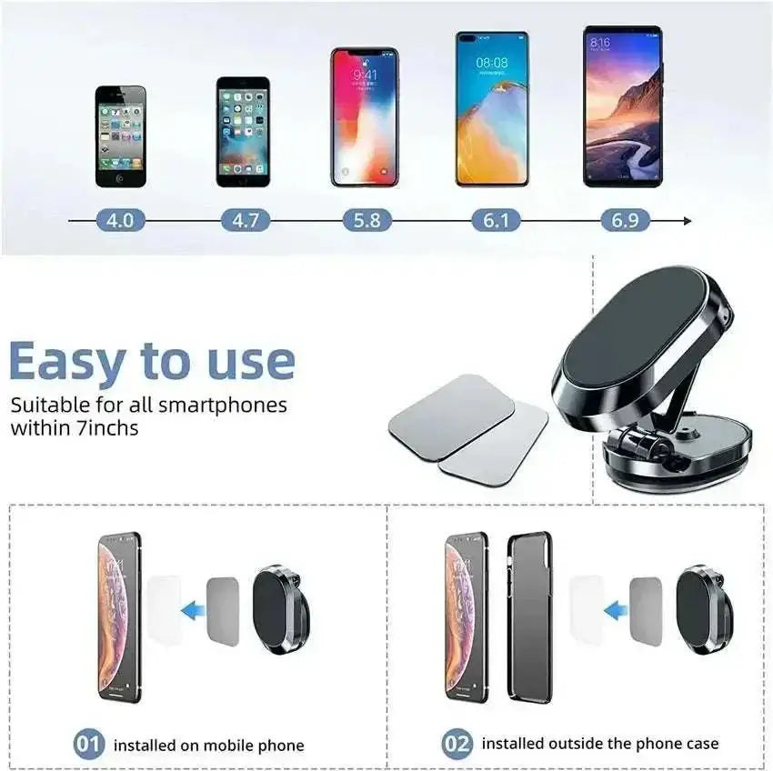 Strong magnet phone holder for smartphones up to 7 inches, easy installation options shown for mobile phones and phone cases.