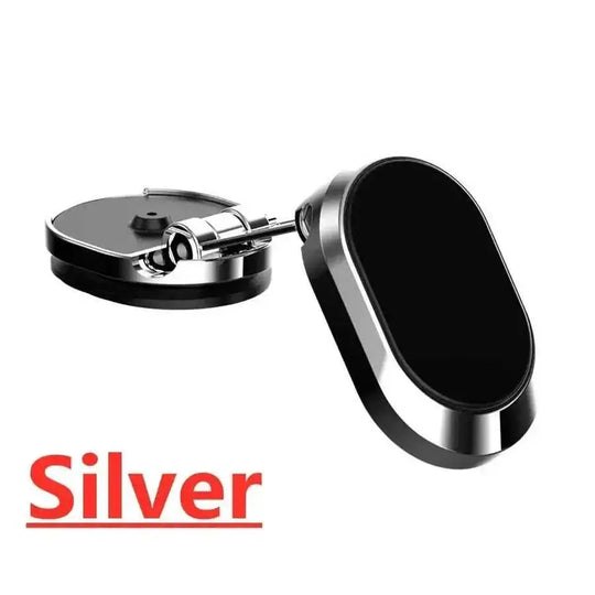 Silver strong magnet phone holder mount, folding design for versatile use in car. Secure smartphone placement for safe driving.