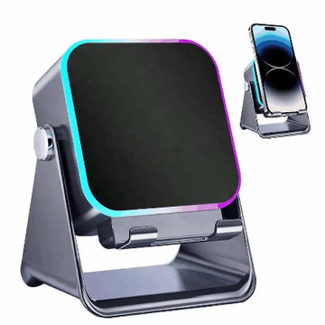 Multi-device charging stand with smartphone, watch, and tablet on a white background