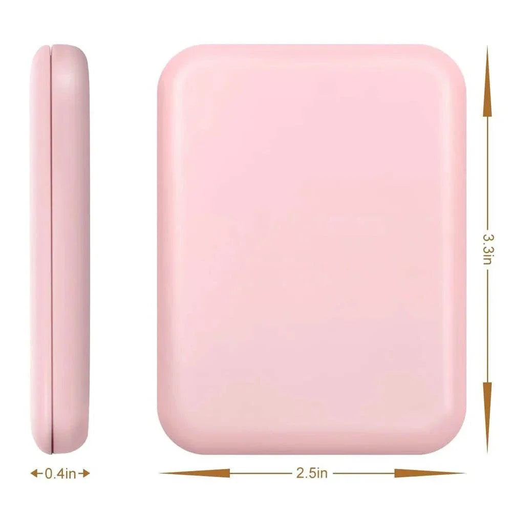 Pink rectangular device with dimensions indicated on a white background
