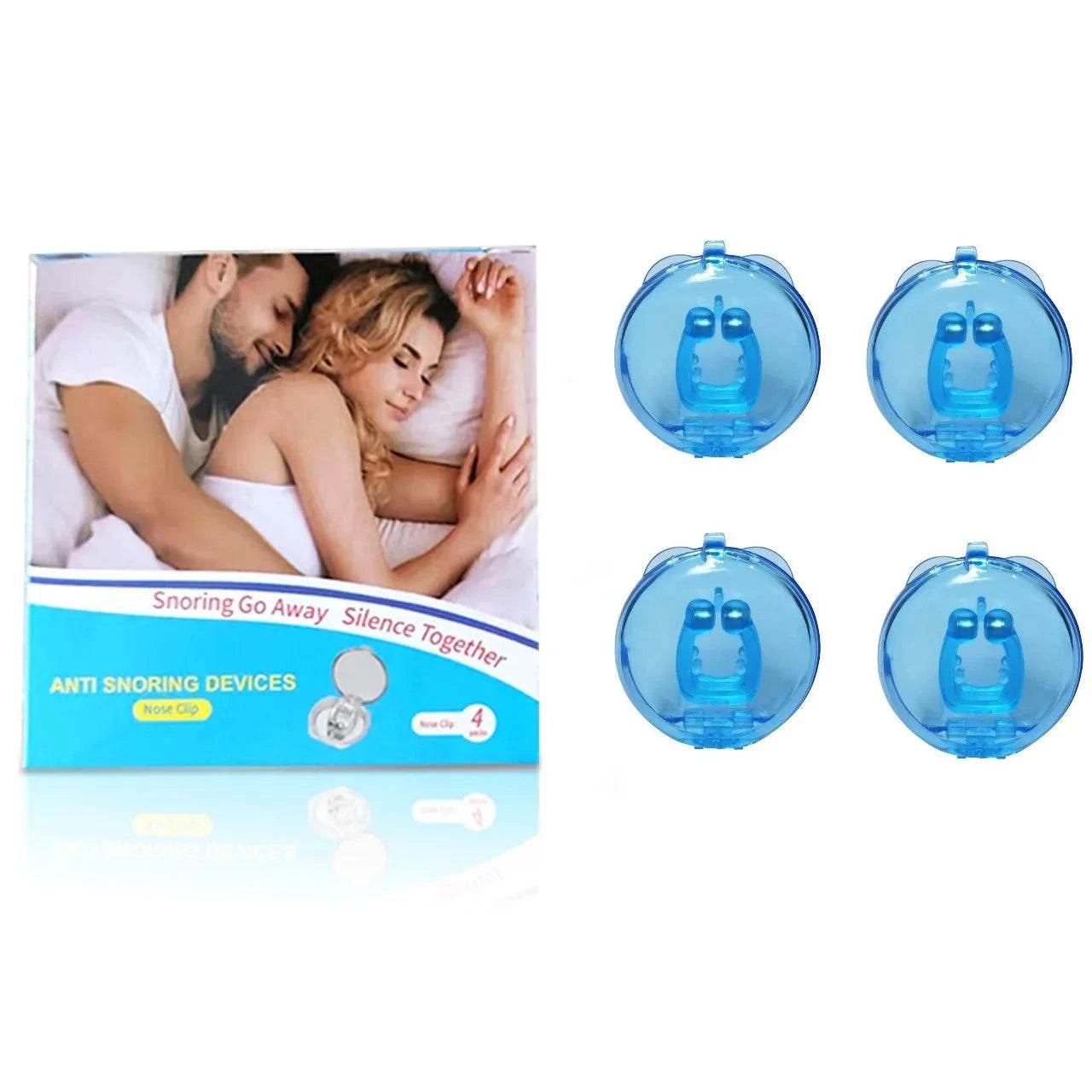 Anti-snoring devices with packaging showing a couple sleeping.