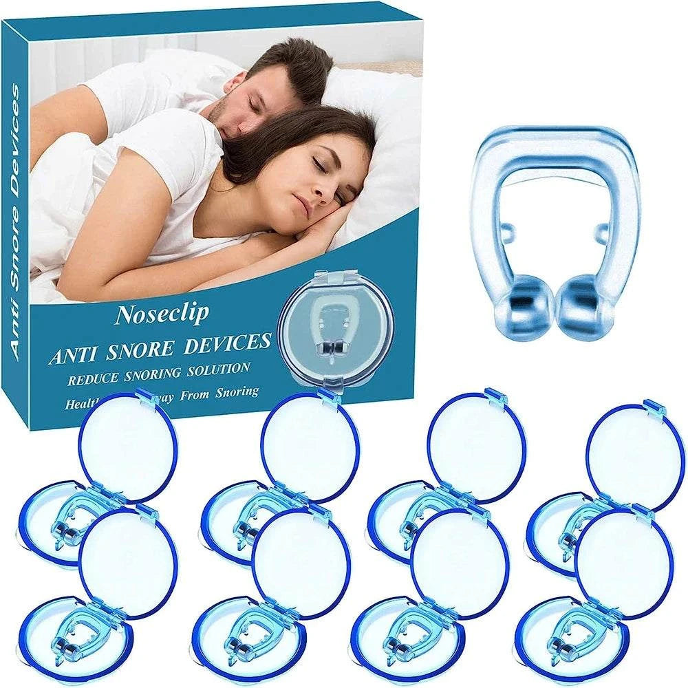 Noseclip anti-snore devices with packaging and a couple sleeping in the background.