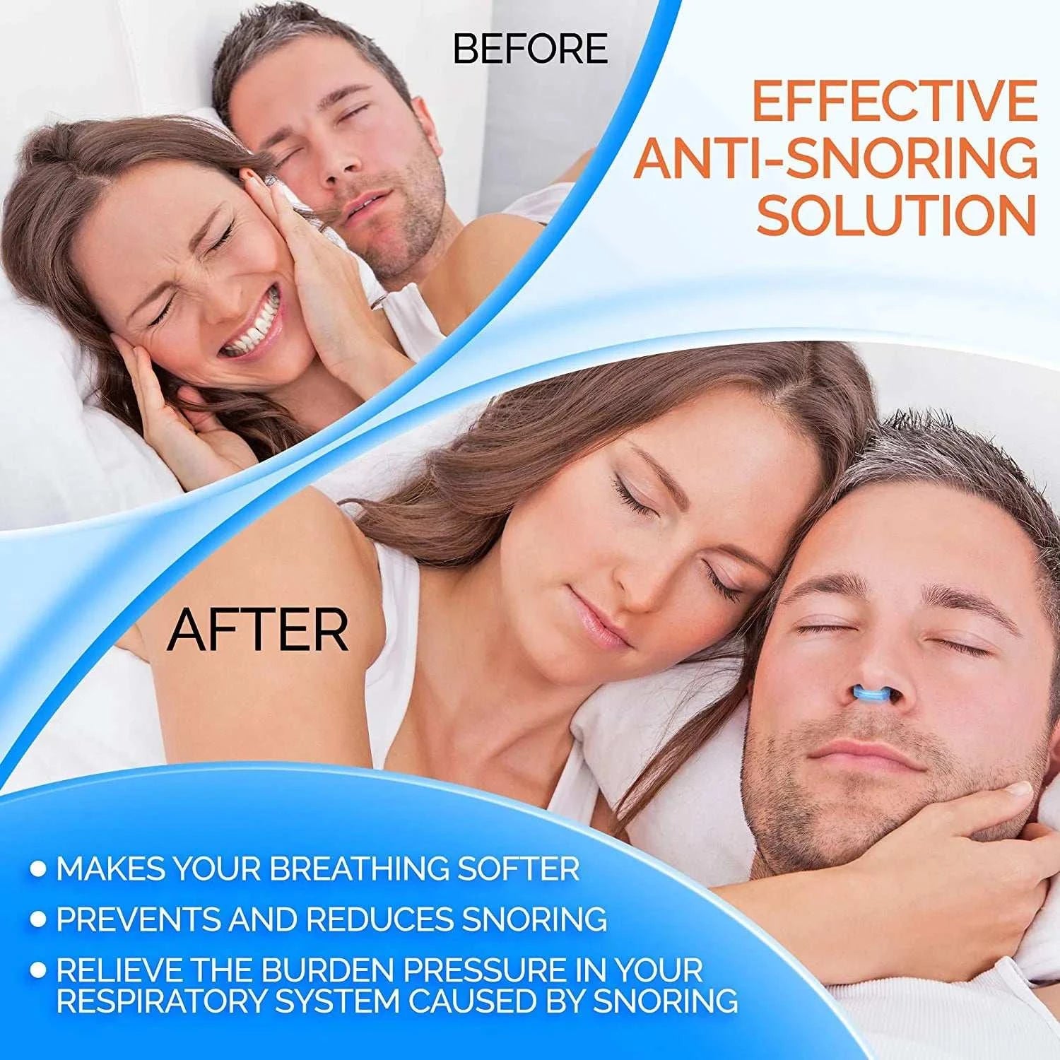 Before and after comparison of a couple using an anti-snoring device, with text highlighting benefits.