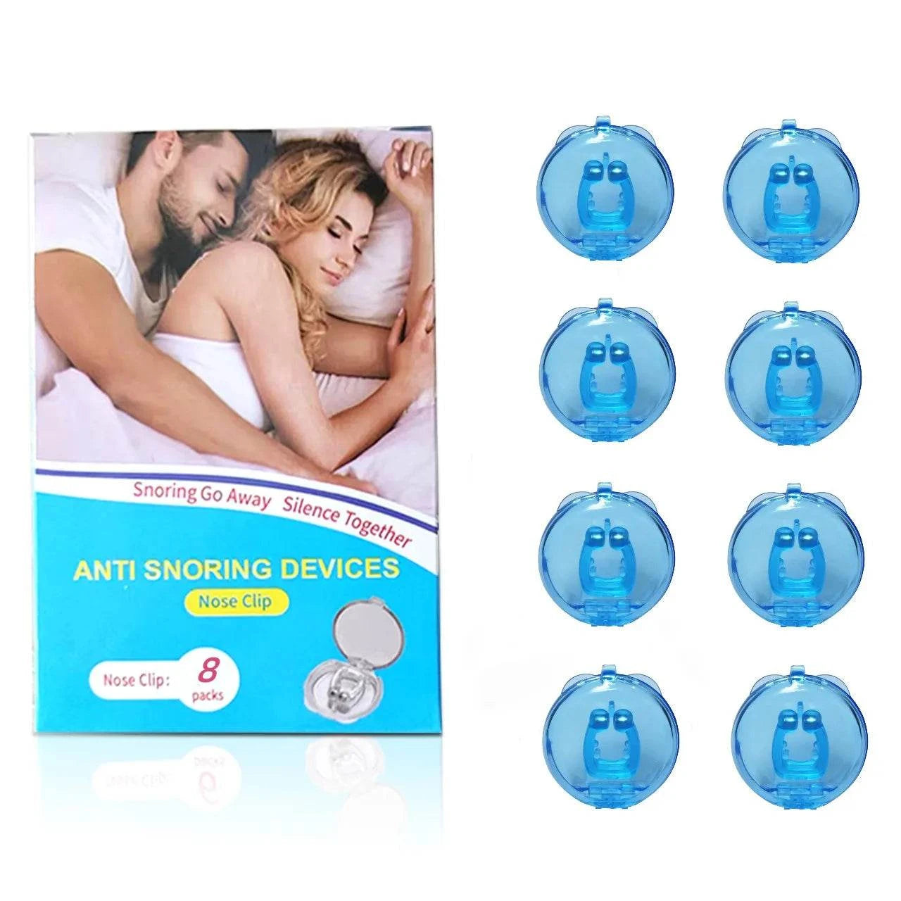 Anti-snoring devices with packaging showing a couple and text on a white background