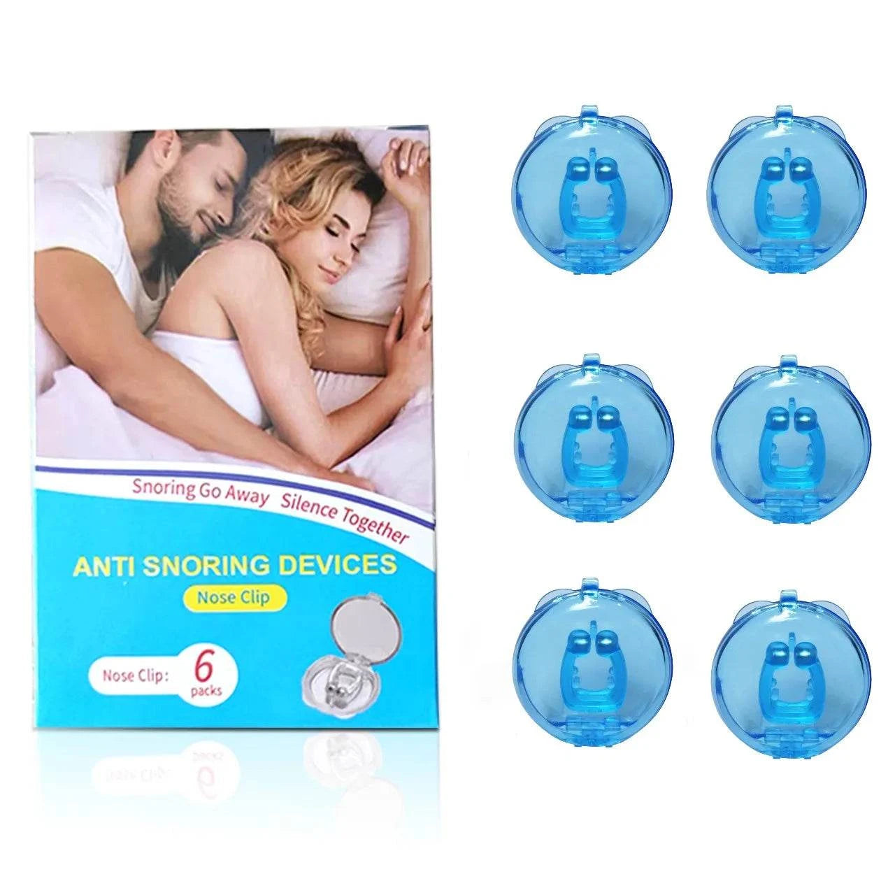 Anti-snoring devices with packaging showing a couple and text 'Snoring Go Away Silence Together'.
