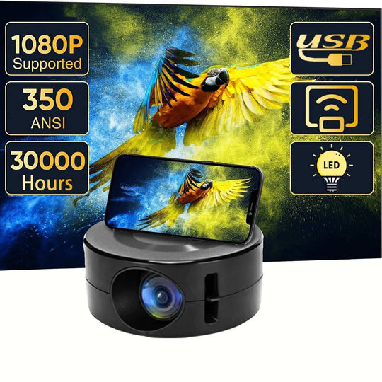 Portable projector displaying a parrot image with specifications on screen