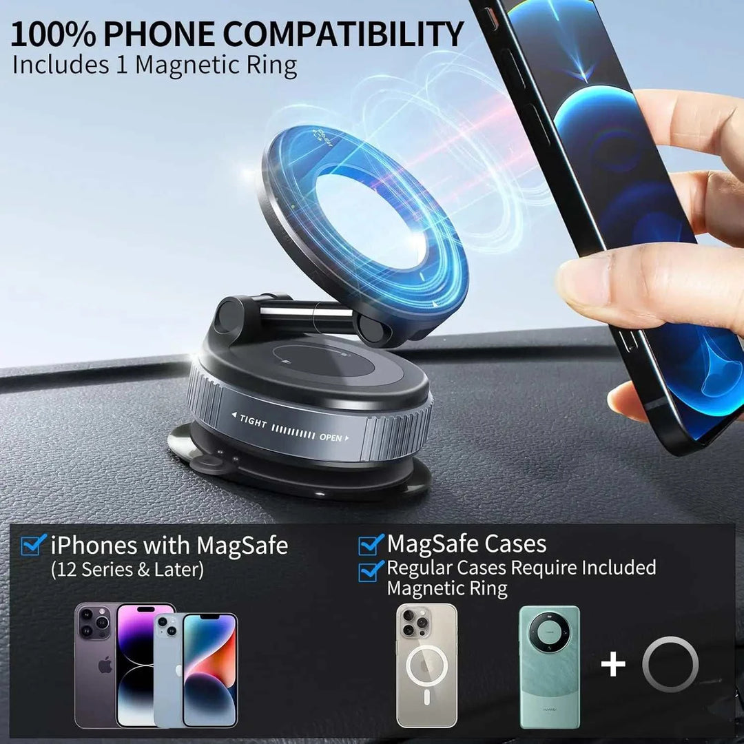 Phone holder with magnetic ring compatibility for iPhones and MagSafe cases on a car dashboard.
