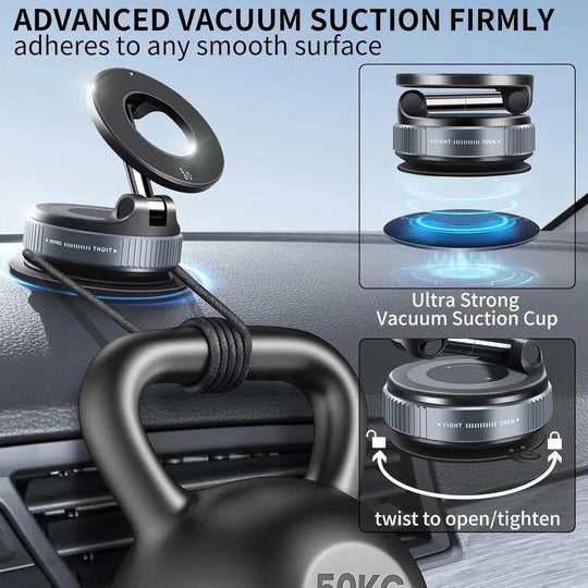 Car phone holder with vacuum suction cup on a car dashboard, showing its strong adhesive properties.
