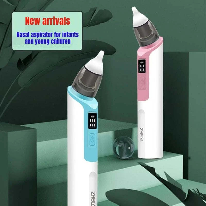 Two nasal aspirators, one blue and one pink, on a green background with text indicating 'New arrivals' and 'Nasal aspirator for infants and young children'.