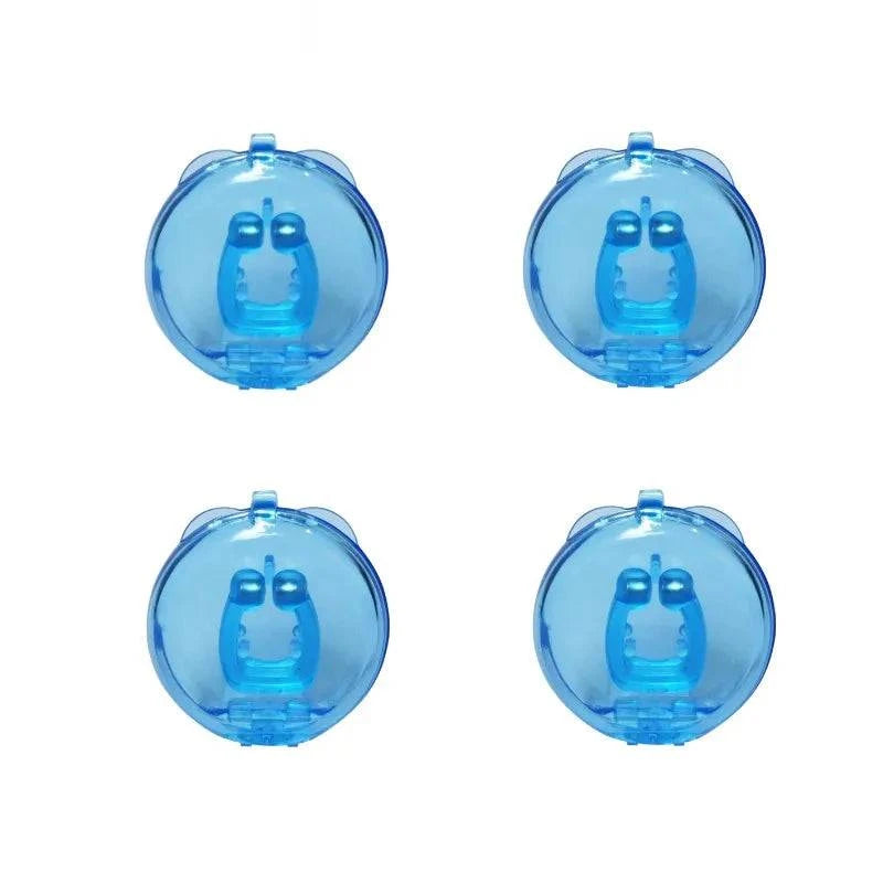 Four blue transparent containers with a small figure inside on a white background