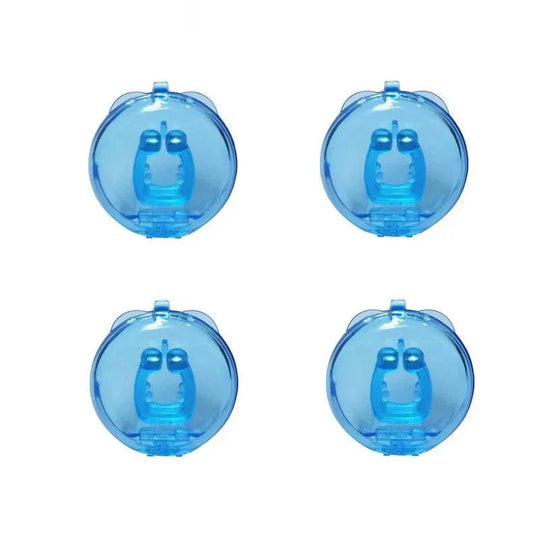 Four blue transparent containers with a small figure inside on a white background