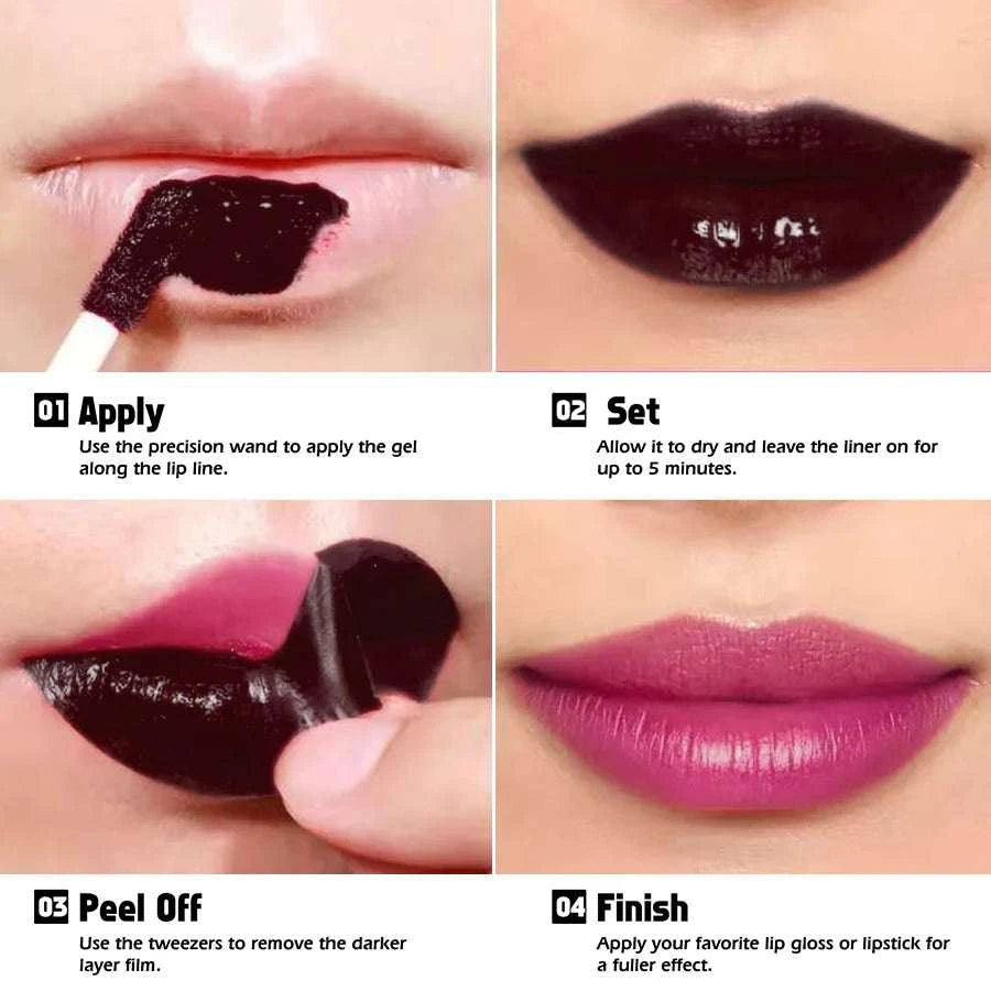 Step-by-step guide on applying a lip liner with text instructions.