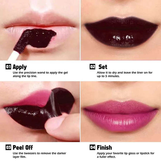 Step-by-step guide on applying a lip liner with text instructions.