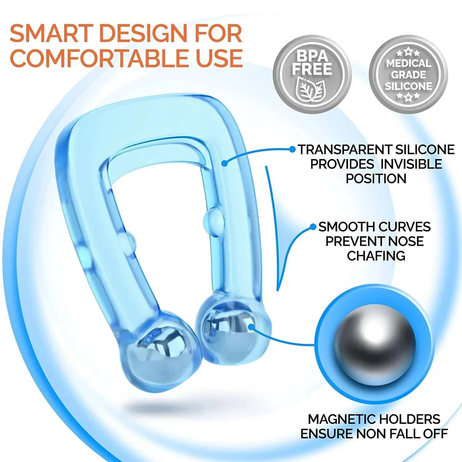 Blue silicone nose clip with features highlighted on a white background