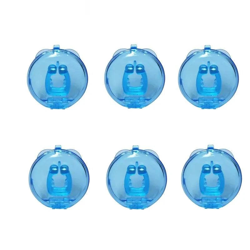 Six blue transparent containers with owl designs on a white background