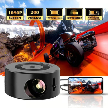 Black portable projector displaying a racing game on a screen with various features highlighted.