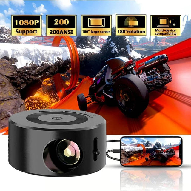 Black portable projector displaying a racing game on a screen with various features highlighted.