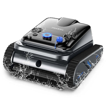 Robotic pool cleaner with water splashes on a white background