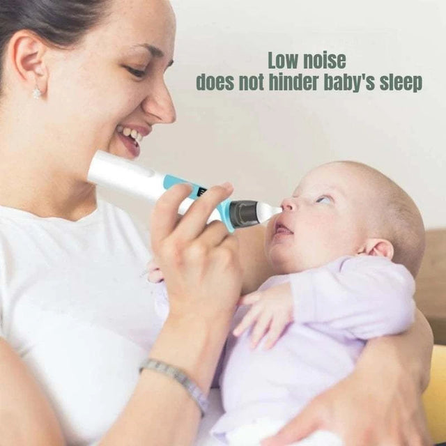 Woman holding a baby and using a device with text 'Low noise does not hinder baby's sleep'.