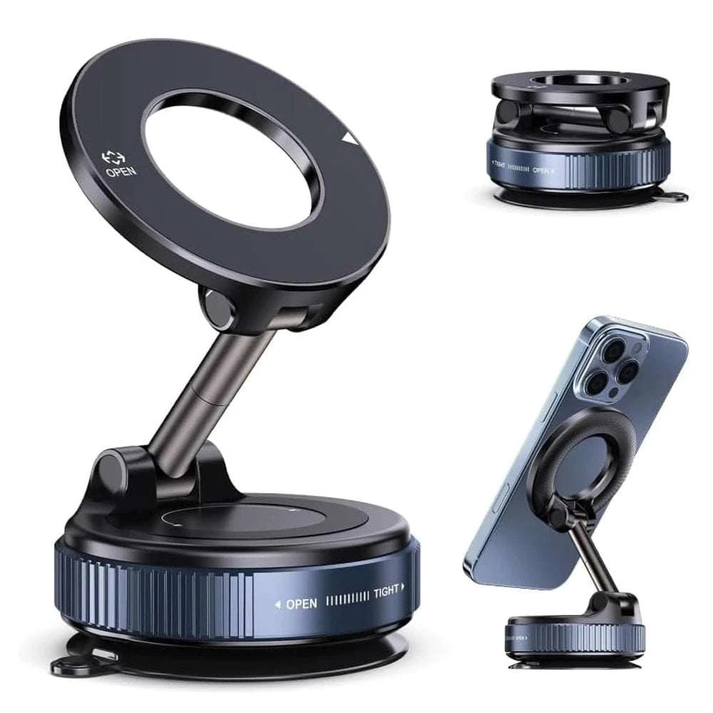 Multi-angle view of a black and blue adjustable phone holder with suction cup base.