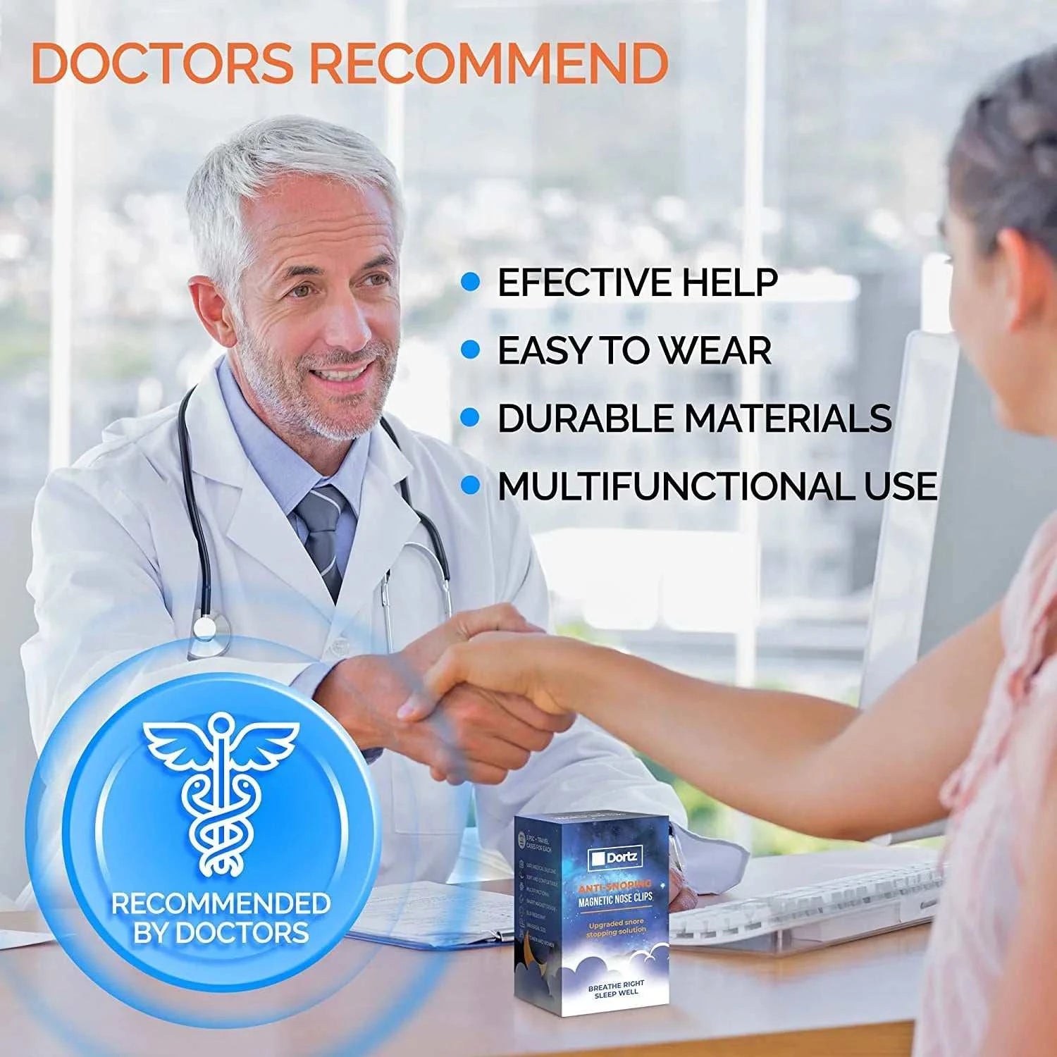Doctor shaking hands with a patient with product packaging labeled 'Recommended by Doctors'.