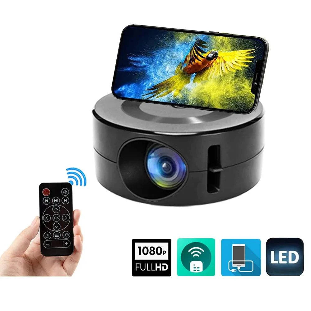 Portable projector with smartphone display, remote control, and connectivity icons on a white background