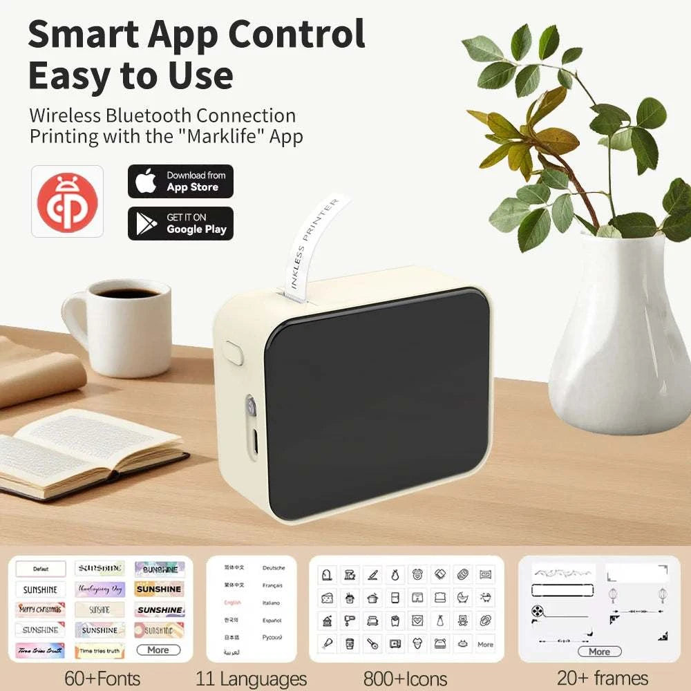 Small printer on a table with a cup, book, and plant, featuring text about smart app control and wireless Bluetooth connection.