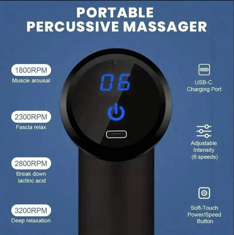 Portable percussive massager with control panel on a blue background