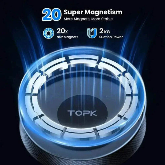 TOPK MagSafe car phone holder with 20 N52 magnets and 2kg suction power for enhanced stability.