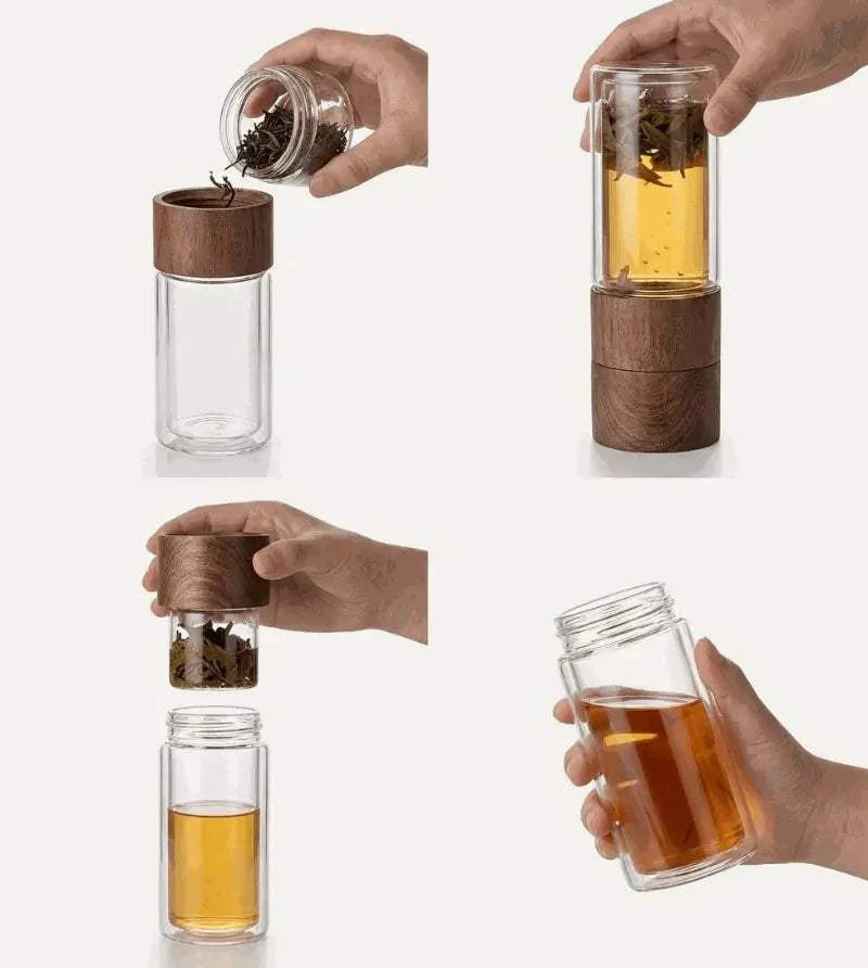 Tea-making device with wooden top and glass body, showing steps from adding tea leaves to serving.