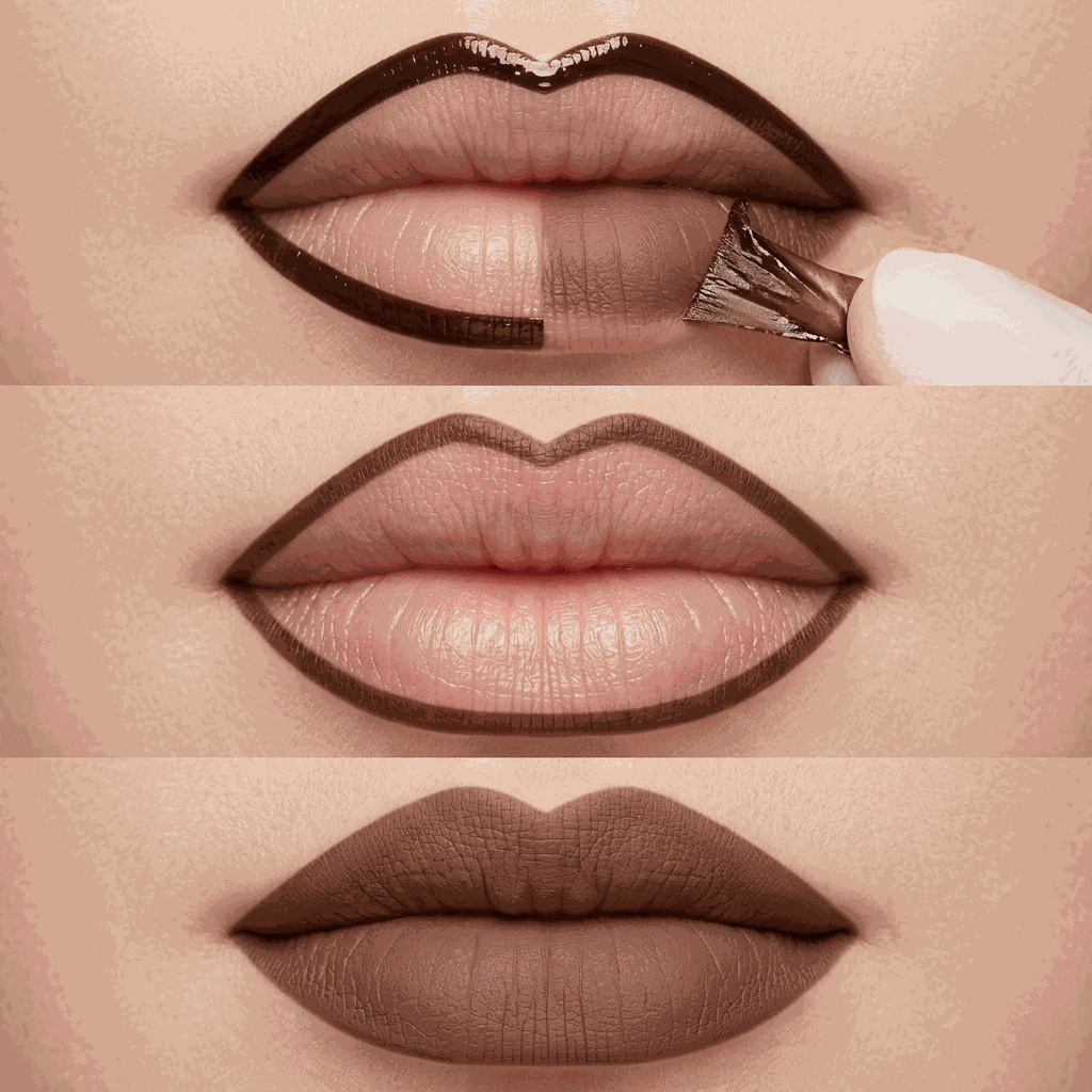 Step-by-step process of applying a brown lipstick on lips.