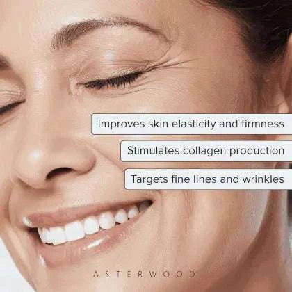 Close-up of a woman's face with text highlighting skincare benefits, featuring the brand 'Asterwood'.