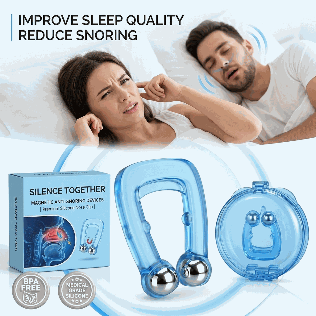 Silence Together magnetic anti-snoring devices with a couple in bed and text about improving sleep quality and reducing snoring.
