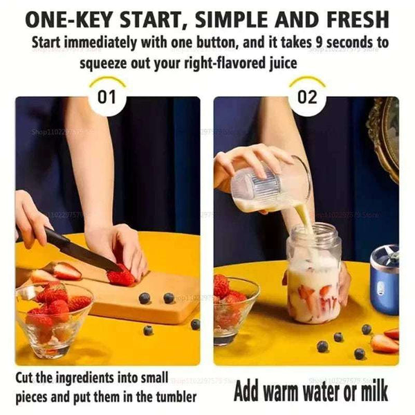 Two-step process for making a juice drink with text instructions on a yellow background.