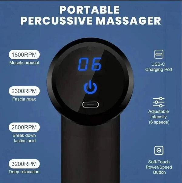 Portable percussive massager with control panel on a blue background