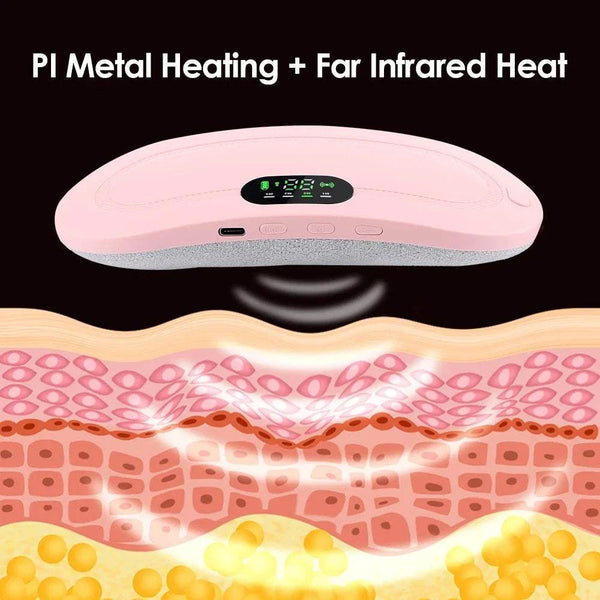 Pink electronic device with digital display on a black background, showing skin layers with heat application.