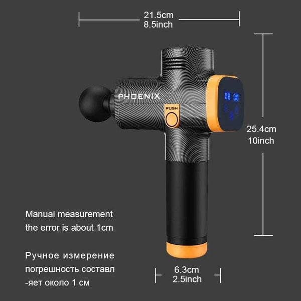 Phoenix massage gun with measurements on a dark background