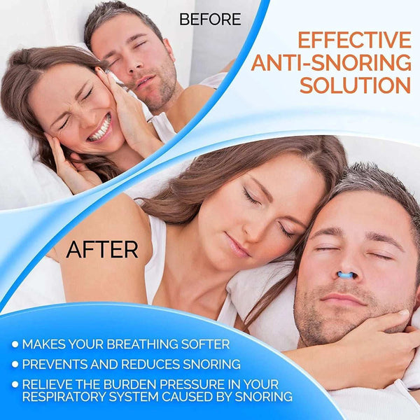 Before and after comparison of a couple using an anti-snoring device, with text highlighting benefits.