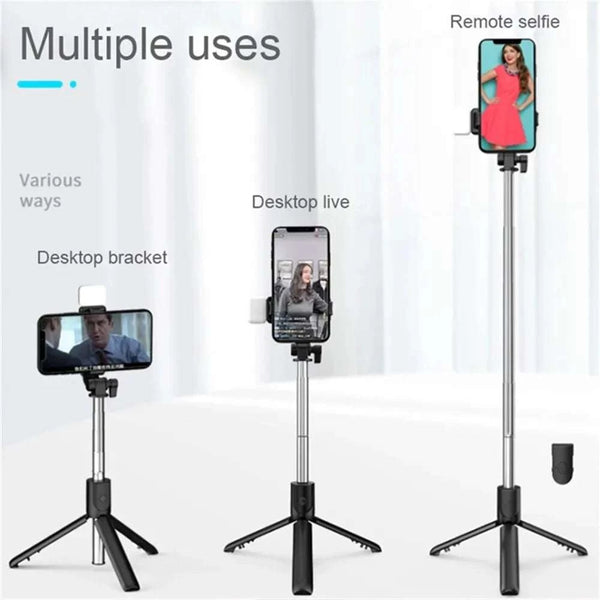 Smartphone holder with multiple uses including remote selfie, desktop live, and desktop bracket on a white background.