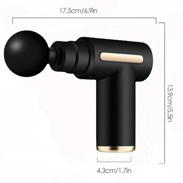 Black handheld massage gun with measurements on a white background