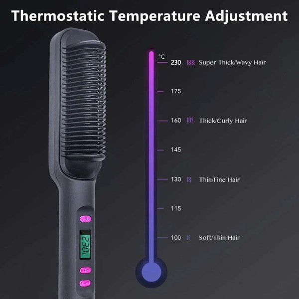 Hair straightening brush with temperature adjustment scale on a dark background