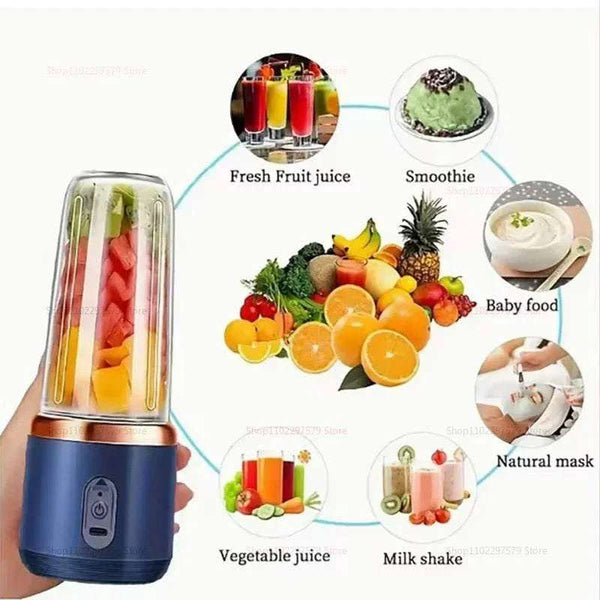 Portable blender with images of various food items and text indicating uses like fresh fruit juice, smoothie, baby food, natural mask, vegetable juice, and milkshake.