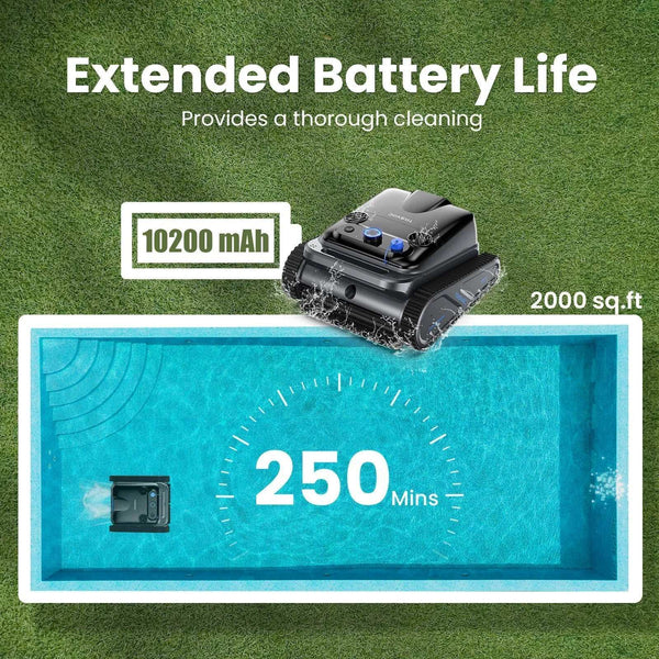 Robotic pool cleaner with battery life information on a pool and grass background