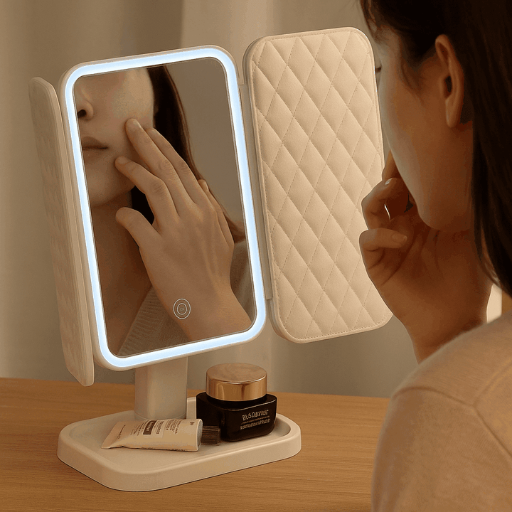 Woman using a makeup mirror with LED lights on a wooden surface.